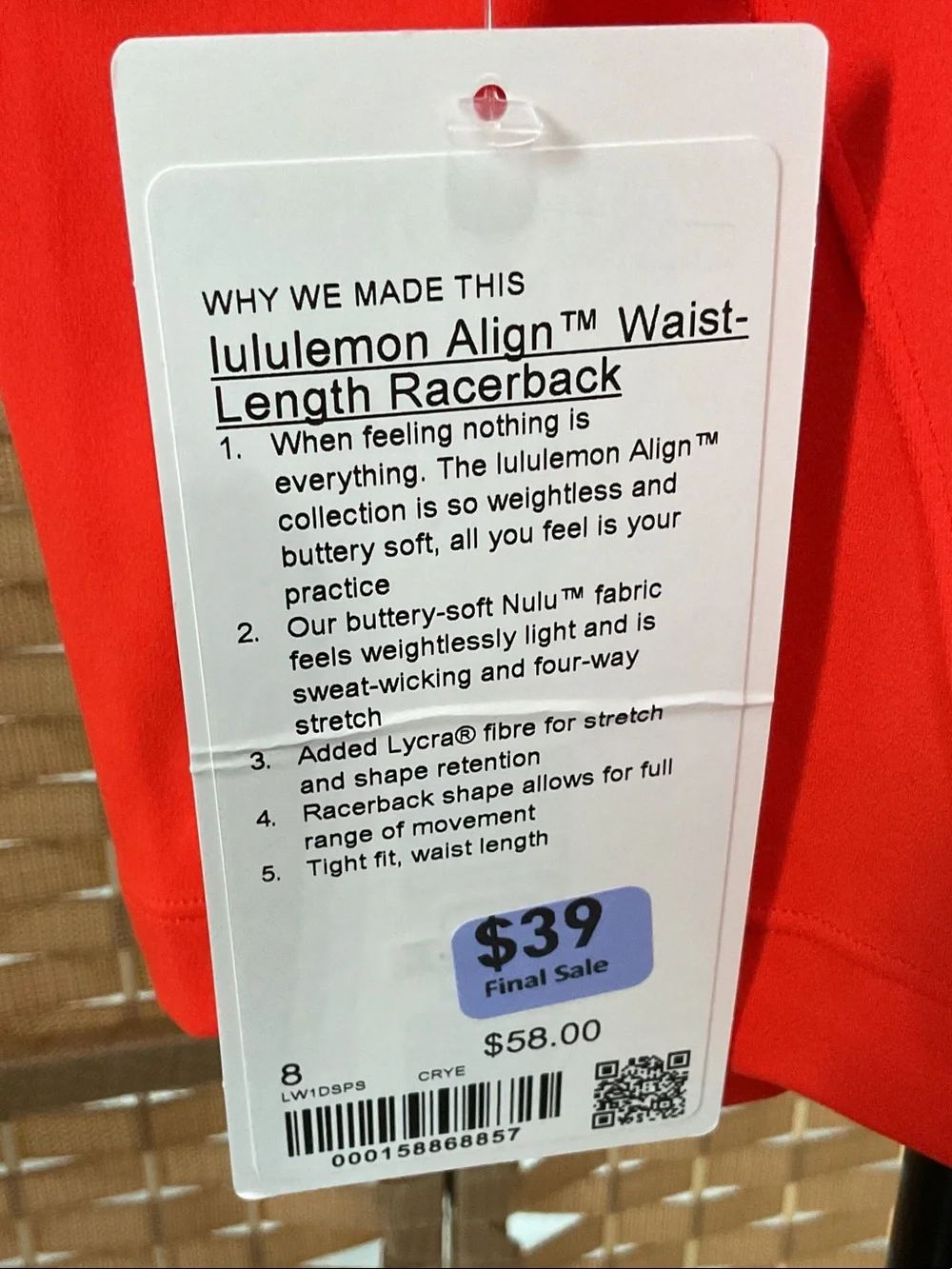 lululemon athletica Women's Align Waist Length Racerback Tank CRYE